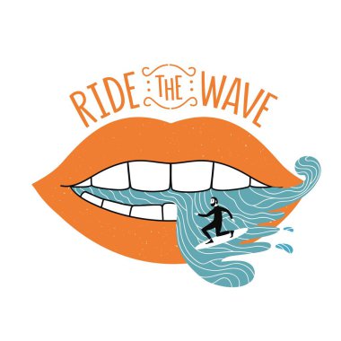 Vektör çizim sörfçü ve kadınlar dudaklı. Dalga yazı alıntı binmek