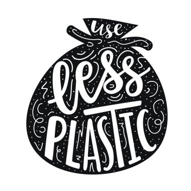 Vektör çizim ile büyük siyah çöp torbası ve ekolojik harflerle ifade - kullanımı daha az plastik.