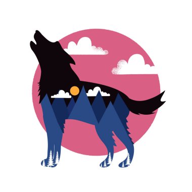 Uluyan kurt siluet, mor dağ manzarası, beyaz bulutlar, sarı güneşin ve küçük çam ağaçları siyah vektör baskı tasarımı