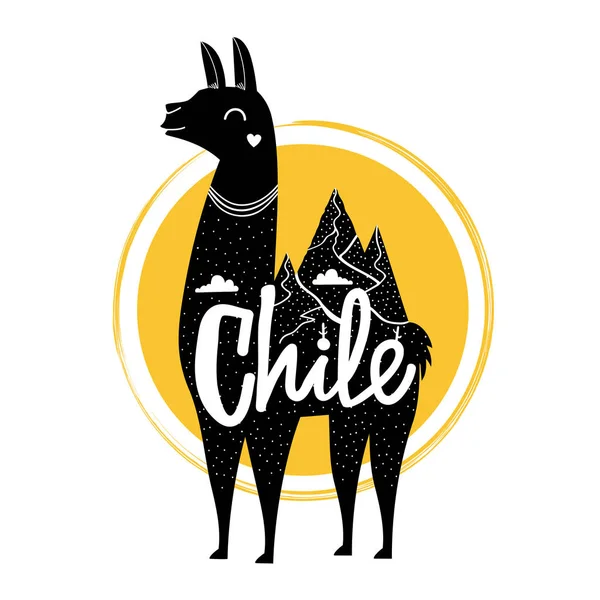 Ilustração Vetorial Com Lhama Palavra Caligrafia Chile Montanhas Grande Sol —  Vetores de Stock