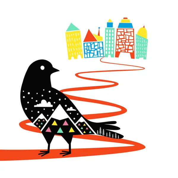 Ilustracja Wektorowa Ptak Gołąb Góry Krajobraz Oglądanie Kolorowych City — Wektor stockowy