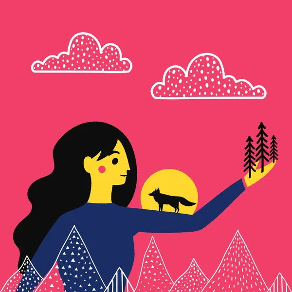 ベクトル イラスト フォックス シルエットと長い髪の女性 山と雲と松の木に落書き — ストックベクタ