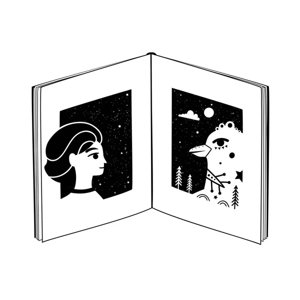Vektorillustration Mit Buch Jungem Mädchen Und Vogel Auf Den Seiten — Stockvektor