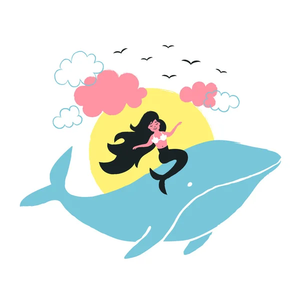 Vector Illustration Long Hair Mermaid Ride Blue Whale Yellow Sun — Stock Vector