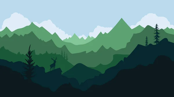 Vector Berglandschap Met Hert Silhouet Pijnbomen Blauwe Hemel Wolken — Stockvector