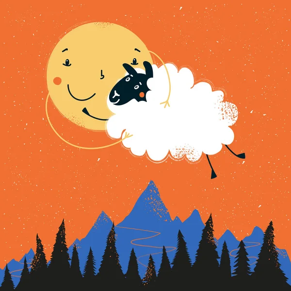 Ilustración Vectorial Con Ovejas Abrazándose Sol Paisaje Natural Con Bosque — Vector de stock