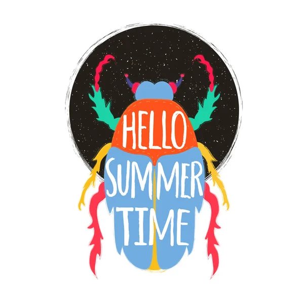 Ilustração Vetorial Com Escaravelho Colorido Texto Letras Hello Summer Time — Vetor de Stock