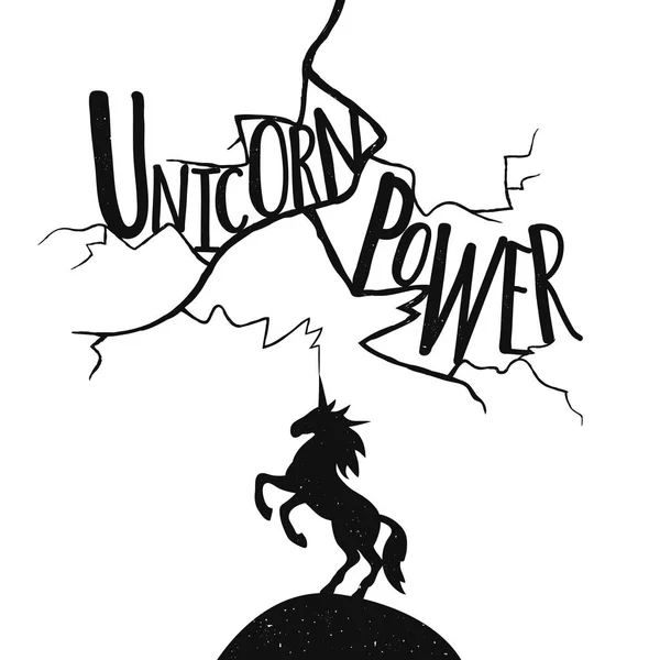 雷とユニコーンのベクトル図 レタリング テキスト ユニコーンの力 魔法動物とタイポグラフィ ポスター — ストックベクタ