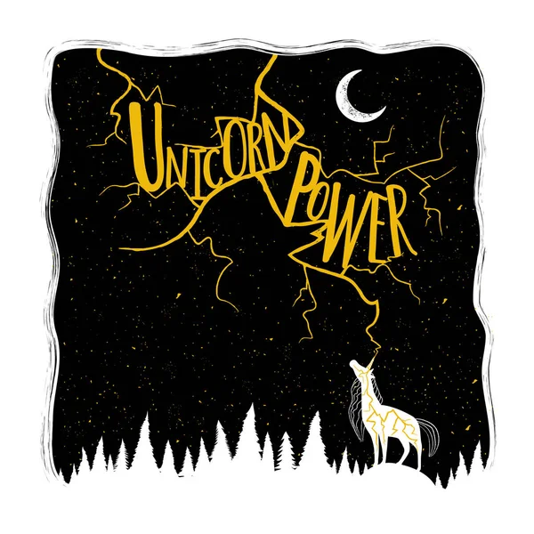 Vector Illustration Wuth Lightning Moon Pine Forest Unicorn Lettering Text — Stock Vector