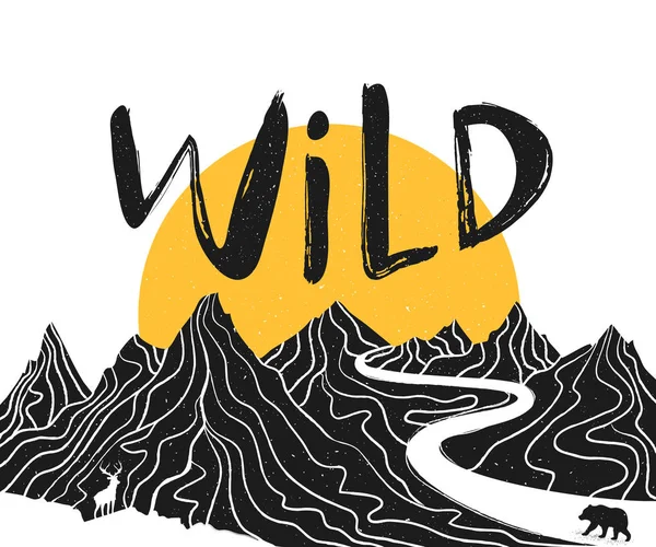 Cartel Vectorial Con Paisaje Montaña Ciervos Osos Letras Wild — Vector de stock