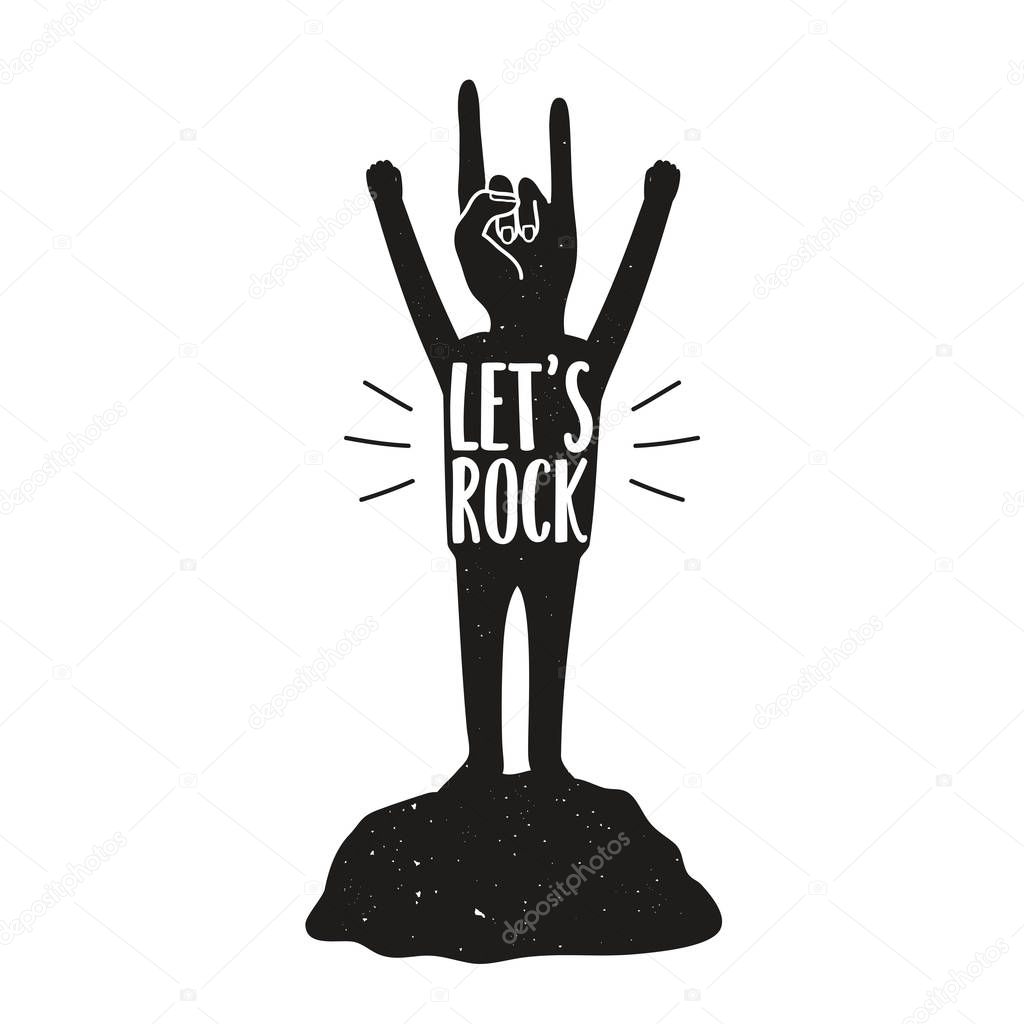 Vector illustration with rock sign head man silhouette with lettering text - Let's Rock. Typography black and white print design