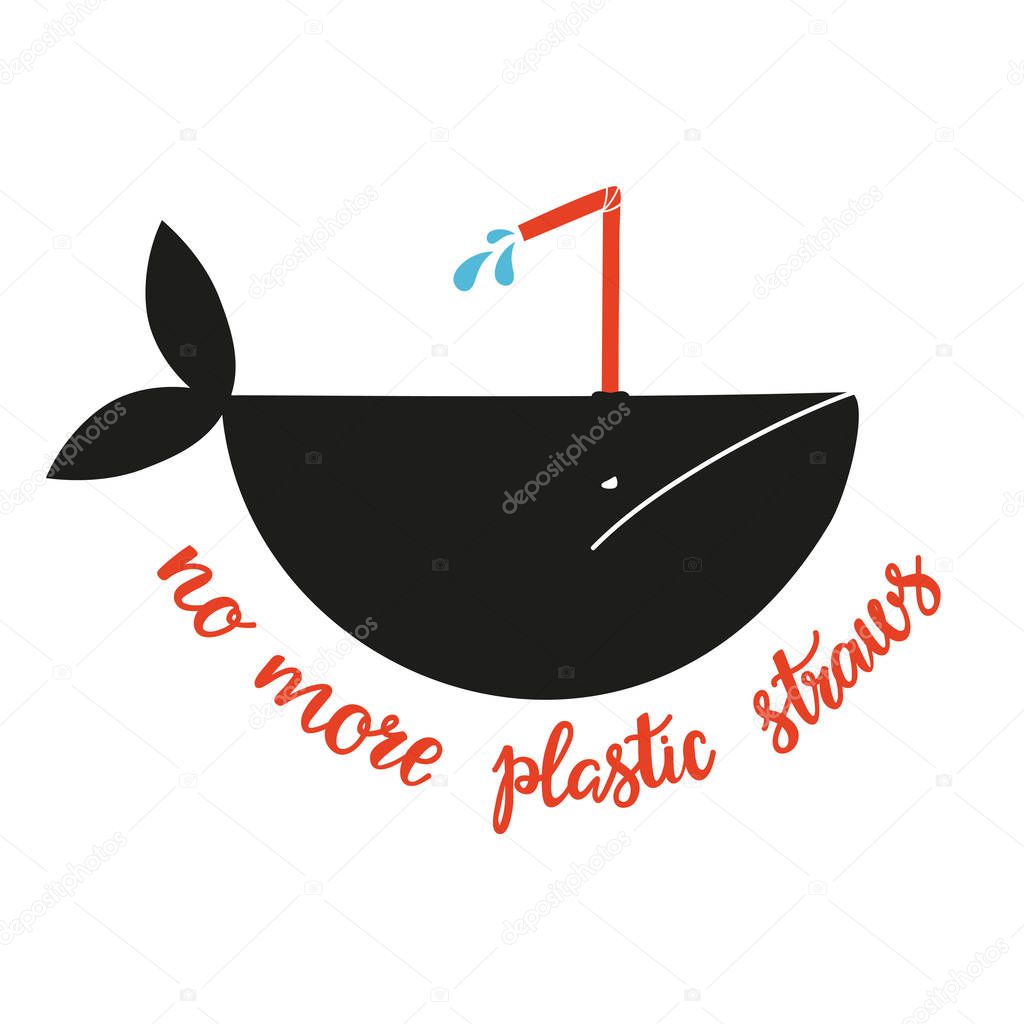 Vector illistration with a whale with plastic straw