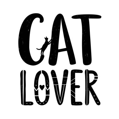 Kelimeler - kedi sever yazı ile vektör çizim. Komik tipografi poster ile evcil hayvan siluet