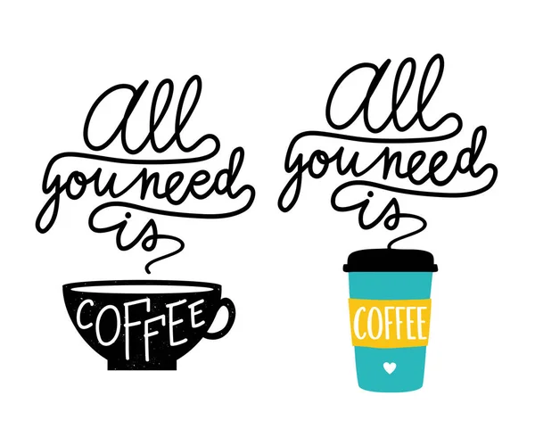 Kleur Zwart Wit Vectorillustratie Set Met Cups Kalligrafie Quote Alles — Stockvector