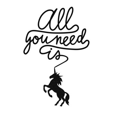 Tek renkli vektör çizim ile hat metin - yeter. Tek boynuzlu at siluet ve vintage noktalar. Komik tipografi poster alıntı, giyim tasarımı ile sihirli hayvan yazdırın