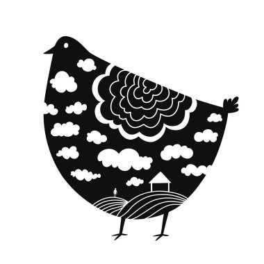 Vektör çizim büyük siyah kuş, beyaz bulutlar, alanları, karikatür adam siluet ve ev. Tavuk ve doğa manzara ile kırsal baskı tasarımı