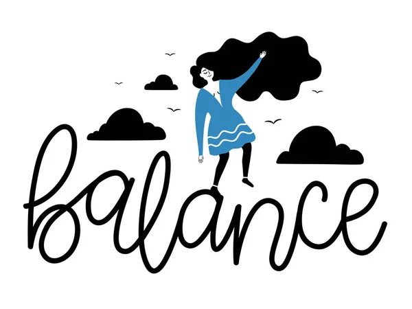 Vektor Illustration mit langen Haaren junge Frau balanciert auf einem Bein und Kalligraphie Wort - Balance. inspirierendes Typografie-Poster über Harmonie im Leben, geistig gesunden Lebensstil — Stockvektor