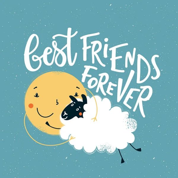 Смішна кольорова ілюстрація з обіймами сонця та овець, яка виглядає як біла хмара. Кращі друзі назавжди вимовляють цитату . — стоковий вектор