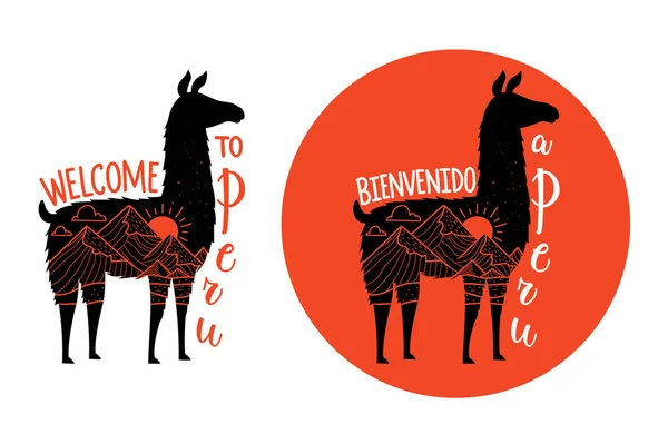 Vektor illustration set mit lama tier silhouette und schriftzug spanischer satz - bienvenido a peru and english -welcome to peru. — Stockvektor