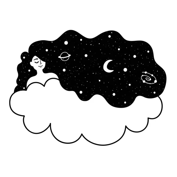 Векторная иллюстрация с расслабленной молодой женщиной со звездами и планетами с длинными волосами и белым облаком . — стоковый вектор