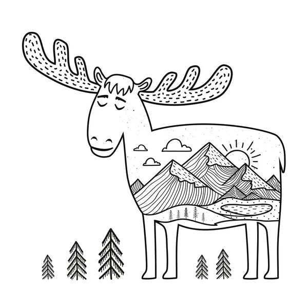Ilustração vetorial com alce estilo doodle desenhado à mão com paisagem ao ar livre. Design de impressão inspirador com animal — Vetor de Stock