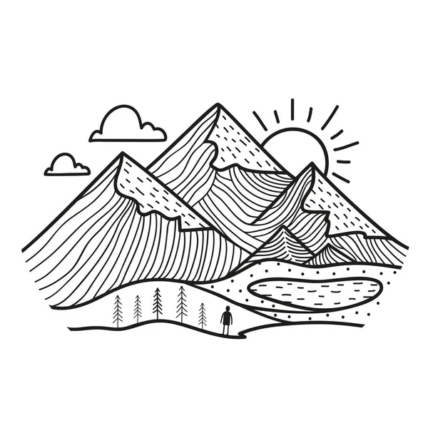 Tarzı dağ manzarası ile çam ağaçları ve göl, bulutlar ve güneş, insan siluet vektör çizim el ile çizilmiş