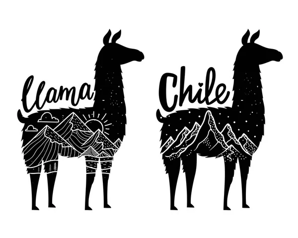 Conjunto de ilustrações vetoriais com animais de fazenda, paisagens de montanha ao ar livre e palavras Chile e Llama . —  Vetores de Stock