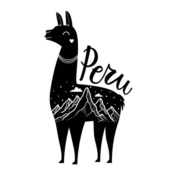 Ilustração vetorial com smiley face llama, paisagem montanhosa com nuvens e neve e lettering palavra Peru . —  Vetores de Stock