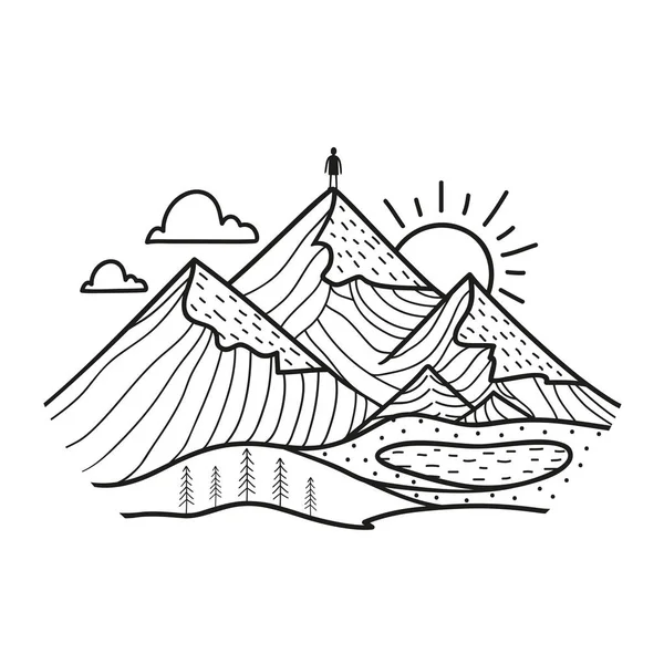 Doodle στυλ εικονογράφηση φορέα με τον άνθρωπο στις κορυφές των βουνών. Χιόνι, ήλιος, σύννεφα, λίμνη και πεύκα — Διανυσματικό Αρχείο