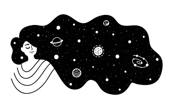 Illustration vectorielle avec femme qui ressemble à des dieux de l'antiquité avec des étoiles et des planètes en longs cheveux noirs . — Image vectorielle
