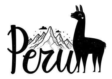 Kaligrafi kelime Peru, dağlar, bulutlar ve kalp ile gülümseyen lama ile Vektör illüstrasyon.
