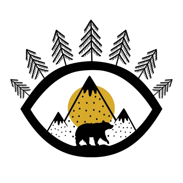 Ilustrasi vektor dengan mata kolase - cemara seperti bulu mata dan matahari kuning sebagai murid. Gunung Doodle dan siluet beruang berjalan. Desain cetak luar ruangan yang inspirasional - Stok Vektor
