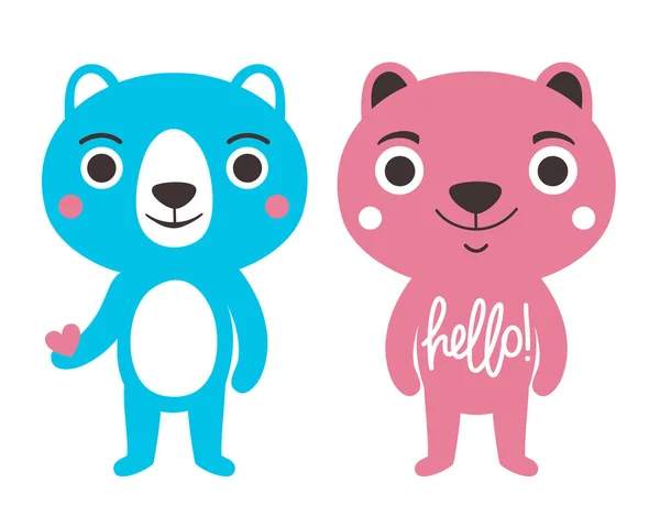 Set de vectores con un par de osos azules y rosados. Ilustración con animales lindos y palabra de letras - hola . — Vector de stock