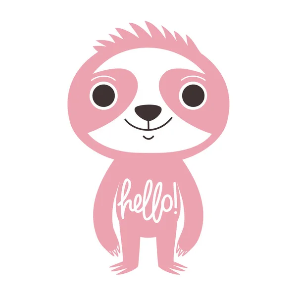 Vector illustration with cute pink smiling sloth and calligraphy word hello. — Stock Vector