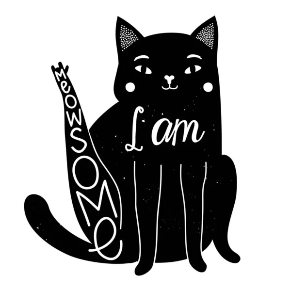 Vector illustratie met zwarte kat en grappige slang zin-ik ben Meowsome. — Stockvector