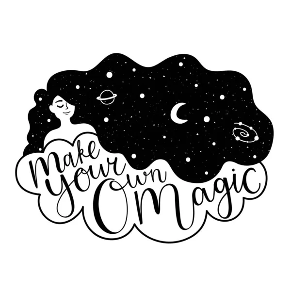 Illustrazione vettoriale con capelli lunghi donna, nube, stelle, luna, galassia e saturazione e citazione calligrafica - crea la tua magia . — Vettoriale Stock