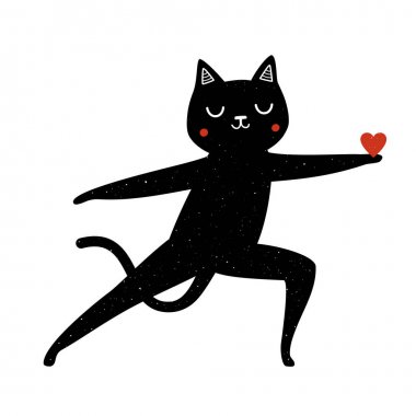 Siyah kedi ile Vektör illüstrasyon yoga egzersiz yapmak ve kırmızı kalp vermek.