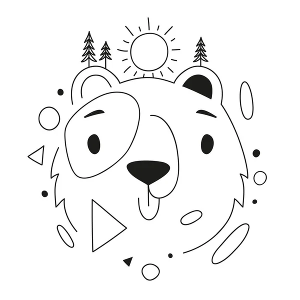 Ilustración vectorial con cabeza de oso, pinos, sol y elementos geométricos abstractos . — Vector de stock