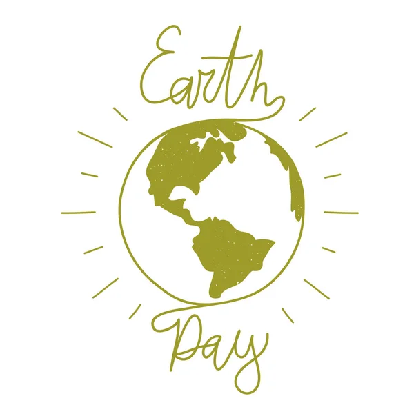 Зеленый 22 апреля Планета Земля День печати дизайн с глобусом, лучи, каллиграфический текст и гранж текстуры. Плакат модной типографии, концепция экологии — стоковый вектор