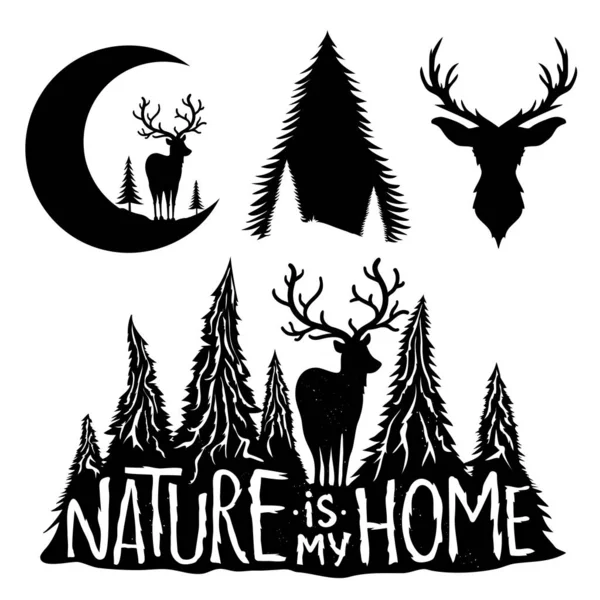 Wektor zestaw z deers, księżyc i drzewa sosnowe. Natura jest mój dom napis cytat. — Wektor stockowy