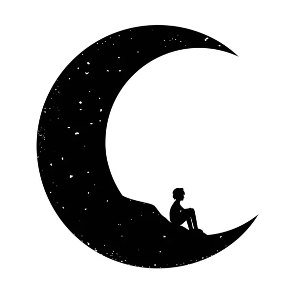 ภาพเวกเตอร์ที่มีเด็กชายนั่ง สีลูเอทและพระจันทร์ . — ภาพเวกเตอร์สต็อก