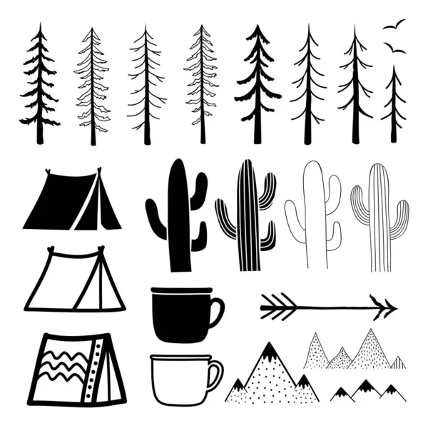 Conjunto de vectores con pinos y abetos, carpas turísticas, copas, montañas de garabatos, cactus, aves y flecha. Colección para viajes composiciones al aire libre — Vector de stock