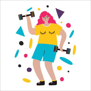 Pembe saçlı genç kadın, dambıl ve soyut geometrik detayları ile Vektör illüstrasyon. Sağlıklı fitness yaşam tarzı kız egzersiz yapıyor