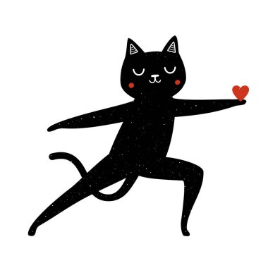Siyah kedi ile Vektör illüstrasyon yoga egzersiz yapmak ve kırmızı kalp vermek.