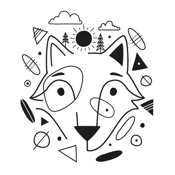 Vector illustration with abstract black white fox head, pine trees, sun, clouds and geometric elements. — Stock Vector