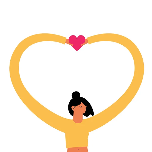 Vector illustratie met jonge vrouw Holding roze hart. Hou van wie je bent en hou van jezelf concept art. — Stockvector