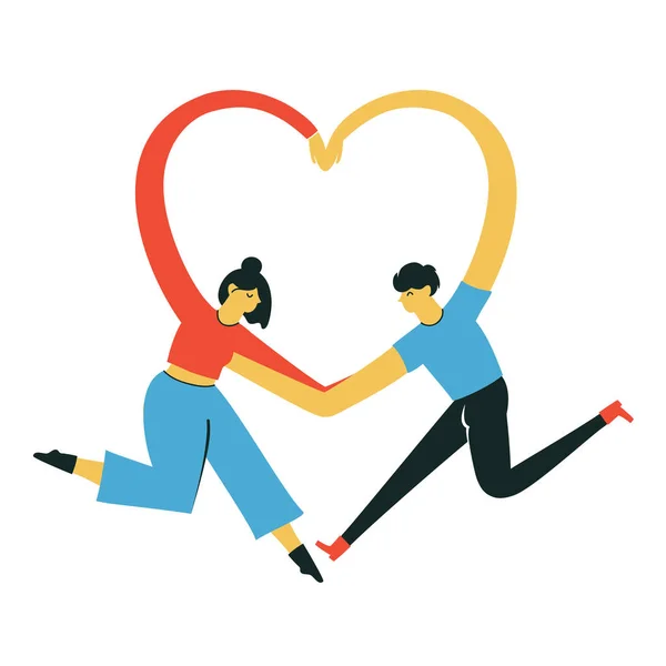 Isolated vector illustration with cartoon adult couple of man and woman who hugs and makes heart sign by hands. — Stock Vector