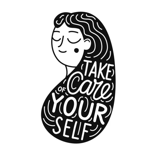 Illustration vectorielle avec dessin animé noir et blanc femme aux cheveux longs et texte de lettrage - Prenez soin de vous . — Image vectorielle