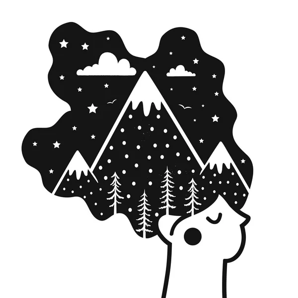 Векторная иллюстрация с женской головой и горным пейзажем в черных волосах. Звезды, облака и сосны . — стоковый вектор