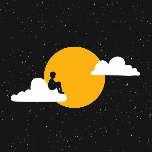 Vektor ilustrasi dengan pemuda hitam siluet duduk sendirian di awan putih. Mimpi, konsep kesepian. - Stok Vektor